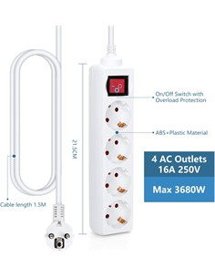 AIGOSTAR Regleta 4 Enchufes Con Interruptor Blanco 1.5Mtrs Cable
