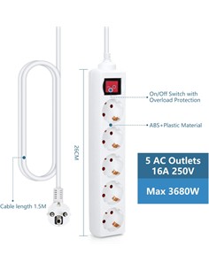 AIGOSTAR Regleta 5 Tomas Schuko con Interruptor 16A 250V