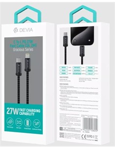 DEVIA Cable Datos TIpo C a LIghtning 27W 2Mtrs Nylon Negro