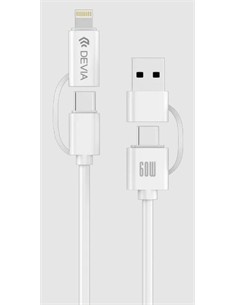 DEVIA Cable Datos Tipo C M/M Con Adaptador LIghtning y Usb A 60W 1.2Mtrs Blanco