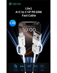 DEVIA Cable Datos Tipo C M/M Con Adaptador LIghtning y Usb A 60W 1.2Mtrs Blanco