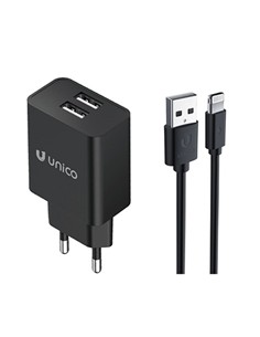 UNICO Cargador Red 2xUsb+Cable Datos Lightning HC1165 Negro 2.4A fireproof material