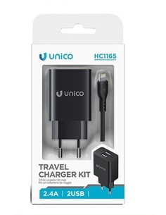 UNICO Cargador Red 2xUsb+Cable Datos Lightning HC1165 Negro 2.4A fireproof material