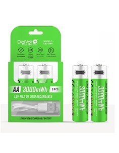 DIGIVOLT Pack de 2 Pilas AA Recargable Litiio 3000mWh 1.5V Con Cable Usb LB2-3000