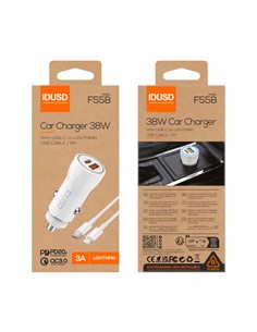 IDUSD Cargador Coche Con 1xUsb/1xTipo C 38W +Cable Tipo C A Lightning 3A F55B