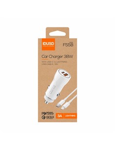 IDUSD Cargador Coche Con 1xUsb/1xTipo C 38W +Cable Tipo C A Lightning 3A F55B