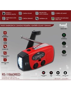SAMI Radio Portatil Solar AM/FM RS-11860 Recargable  Con Dinamo,Linterna Sirena SOS Usb Verde/Roja