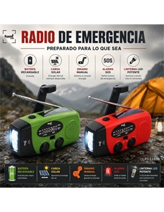 SAMI Radio Portatil Solar AM/FM RS-11860 Recargable  Con Dinamo,Linterna Sirena SOS Usb Verde/Roja