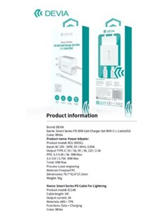 DEVIA Cargador TIpo C +Cable Datos TIpo C a Lightning 30W Blanco