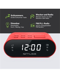 MUSE Radio Reloj Despertador Digital M-10 Rojo Dual Alarma Con Alimentador
