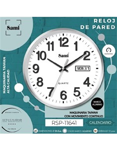 SAMI Reloj de Pared Analogico RSP-11641 Aluminio Silencioso Con Calendario