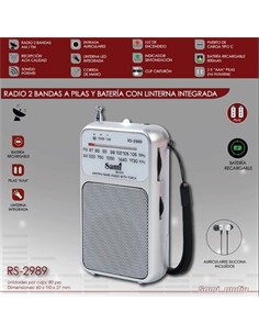 SAMI Radio Portatil Analogica AM/FM Plata RS-2989 A Pilas y Recargable Con Linterna