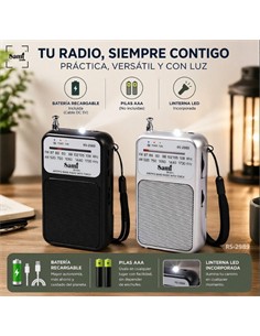 SAMI Radio Portatil Analogica AM/FM Plata RS-2989 A Pilas y Recargable Con Linterna