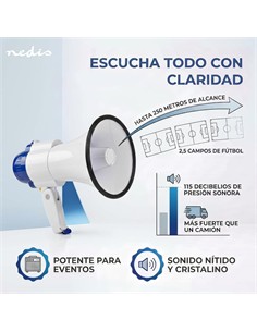 NEDIS Megafono 25W Con Micro/ Sirena/Grabacion/Bluetooth Negro/Blanco MEPH250WT