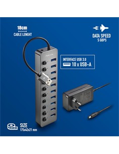 NGS Hub Usb 10 Puertos 3.0 5Gbps Con Interruptor Individual y Alimentacion 12V/4A IHUB