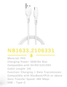 ONEPLUS Cable Datos TIpo C/M a Usb 66W 1Mtrs NB163 Blanco