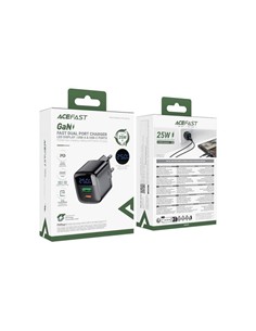 ACEFAST Adaptador Corriente 1xUsb A/1xTIpoC 25W Gan A114 Con Pantalla Negro