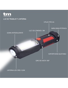 TM ELECTRON Linterna de Trabajo 3W  Led Con Gancho Para Colgar e Iman TMTOR012 Colores