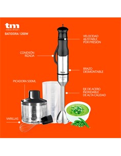 TM ELECTRON Batidora de Brazo Varilla+ Picadora + Vaso 600ml BLENDER 1200W TMPBA017
