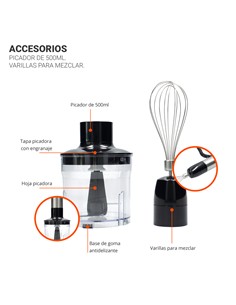 TM ELECTRON Batidora de Brazo Varilla+ Picadora + Vaso 600ml BLENDER 1200W TMPBA017