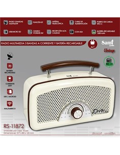 SAMI Radio Portatil Multibanda RS-11872 Vintage Beig Asa de Madera Con BT,Usb,Micro Sd,Recargable