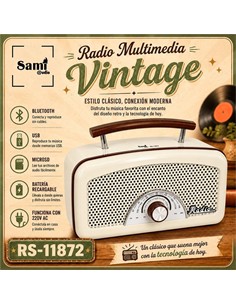 SAMI Radio Portatil Multibanda RS-11872 Vintage Beig Asa de Madera Con BT,Usb,Micro Sd,Recargable