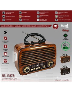 SAMI Radio Portatil Multibanda RS-11878  Vintage Madera Recargable Con BT,Usb,Micro Sd,y Linterna