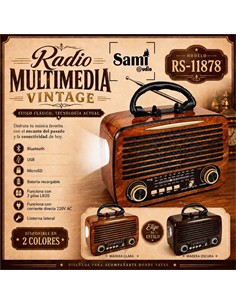 SAMI Radio Portatil Multibanda RS-11878  Vintage Madera Recargable Con BT,Usb,Micro Sd,y Linterna
