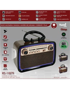 SAMI Radio Portatil Multibanda RS-11879 Vintage Madera Luz Led Con BT,Usb,Micro Sd,y Linterna Recarg