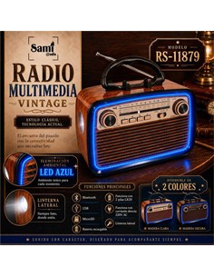 SAMI Radio Portatil Multibanda RS-11879 Vintage Madera Luz Led Con BT,Usb,Micro Sd,y Linterna Recarg