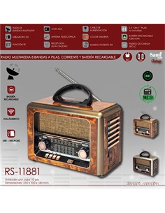 SAMI Radio Portatil Multibanda RS-11881 Vintage Madera Con BT,Usb,Micro Sd,Recargable