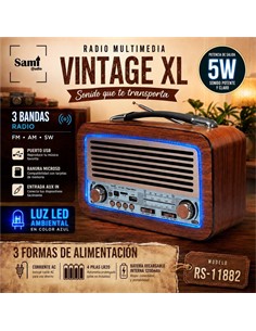 SAMI Radio Portatil Multibanda RS-11882 XL Vintage Madera,Luz Led Con BT,Usb,Micro Sd,Recargable