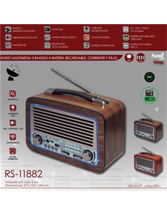 SAMI Radio Portatil Multibanda RS-11882 XL Vintage Madera,Luz Led Con BT,Usb,Micro Sd,Recargable
