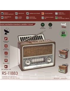 SAMI Radio Portatil AM/FM/SW RS-11883 Carga Solar Vintage Madera Con BT,Usb,Micro Sd,Aux Recargable