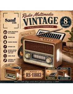 SAMI Radio Portatil AM/FM/SW RS-11883 Carga Solar Vintage Madera Con BT,Usb,Micro Sd,Aux Recargable