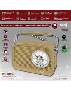SAMI Radio Portatil Multibanda RS-11867 Vintage Madera 5W Con BT,Usb,Micro Sd,Recargable, AC 220V