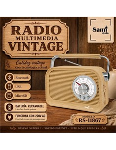 SAMI Radio Portatil Multibanda RS-11867 Vintage Madera 5W Con BT,Usb,Micro Sd,Recargable, AC 220V