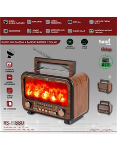 SAMI Radio Portatil Multibanda RS-11880 Vintage Madera Luz Efecto Chimenea Con BT,Usb,Micro Sd,