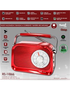 SAMI Radio Portatil AM/FM/SW RS-11866 Vintage Roja 5W Con BT,Usb,Micro Sd,Recargable, AC 220V