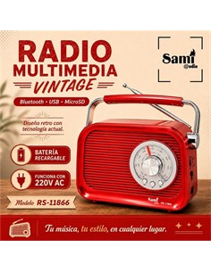 SAMI Radio Portatil AM/FM/SW RS-11866 Vintage Roja 5W Con BT,Usb,Micro Sd,Recargable, AC 220V