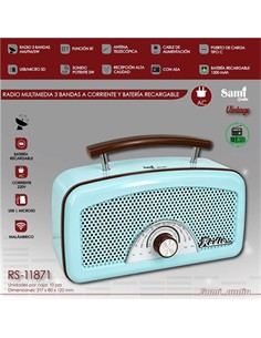 SAMI Radio Portatil Multibanda RS-11871 Vintage Azul Asa de Madera Con BT,Usb,Micro Sd,Recargable