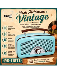 SAMI Radio Portatil Multibanda RS-11871 Vintage Azul Asa de Madera Con BT,Usb,Micro Sd,Recargable