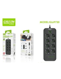 GREEN LYCA Regleta 8 Tomas Schuko,4X Usb-A,2X Tipo C Con Interruptor 2500W 2Mtrs Negra GL69730