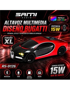 SAMI Altavoz Inalambrico Vintage Coche BUGATTI 15W RS-9126 Rojo,Radio FM,Usb,Micro Sd