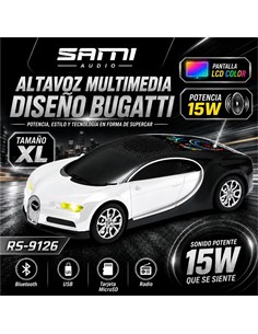 SAMI Altavoz Inalambrico Vintage Coche BUGATTI 15W RS-9126 Blanco Radio FM,Usb,Micro Sd