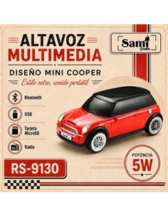SAMI Altavoz Inalambrico Vintage Coche Mini Cooper 5W RS-9130 Rojo,Radio FM,Usb,Micro Sd