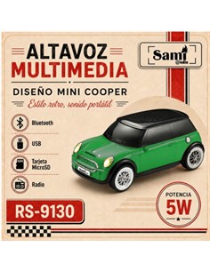 SAMI Altavoz Inalambrico Vintage Coche Mini Cooper 5W RS-9130 Verde,Radio FM,Usb,Micro Sd
