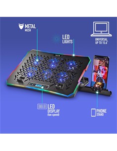 NGS Base Refrigeradora Para Portatil 15.6"HERO STAND ,Con Soporte Para Movil y Luz led
