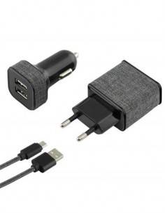 KSIX Pack 3 en 1  Cargador Red Por Usb 2.4A + Cargador Coche Usb 2A, Con Cable Micro Usb Negro tipo